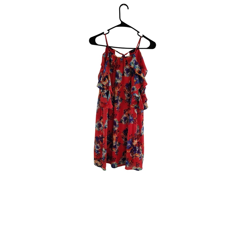 As U Wish Womens Red Floral Cold Shoulder Ruffle Mini Dress Small Summer Boho